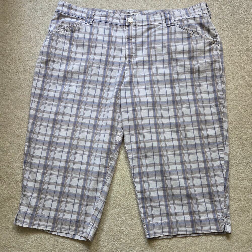 Lee Women's Size 24W Plaid Flat Front Cropped Cotton Pants Blue Tan White